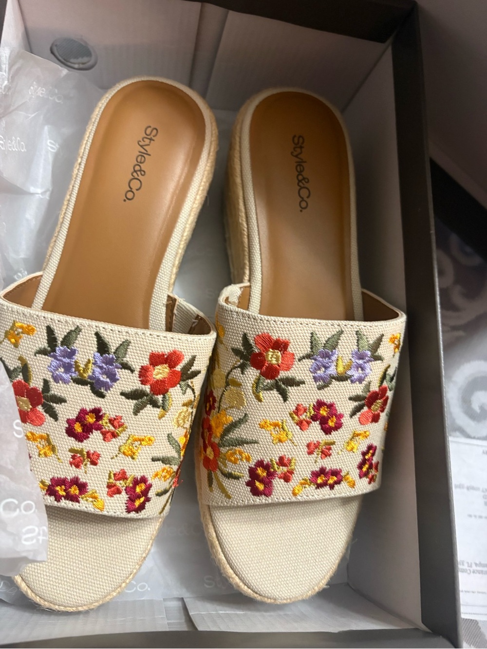 Woven Espadrille Platform Slip-On with Floral Embroidery - Cream